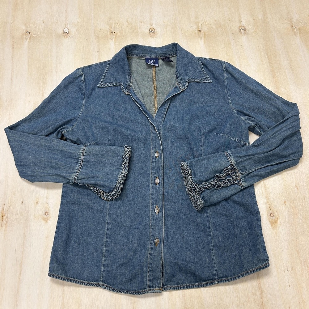 Y2K DCC Shirt Womens Medium Blue Denim Button Front Flare Sleeve Ruffle Top
